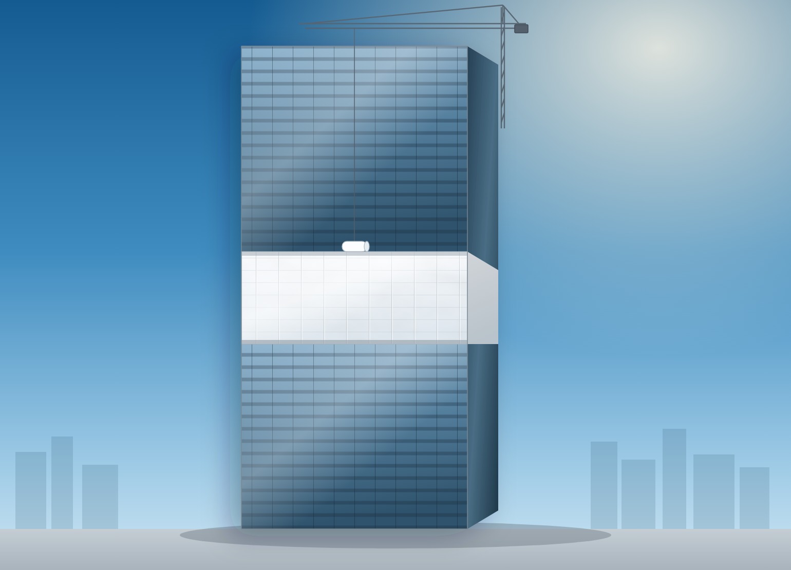 Illustration of a high-rise tower under construction with mid-floors sealed under white Titanium Tarps enclosure film