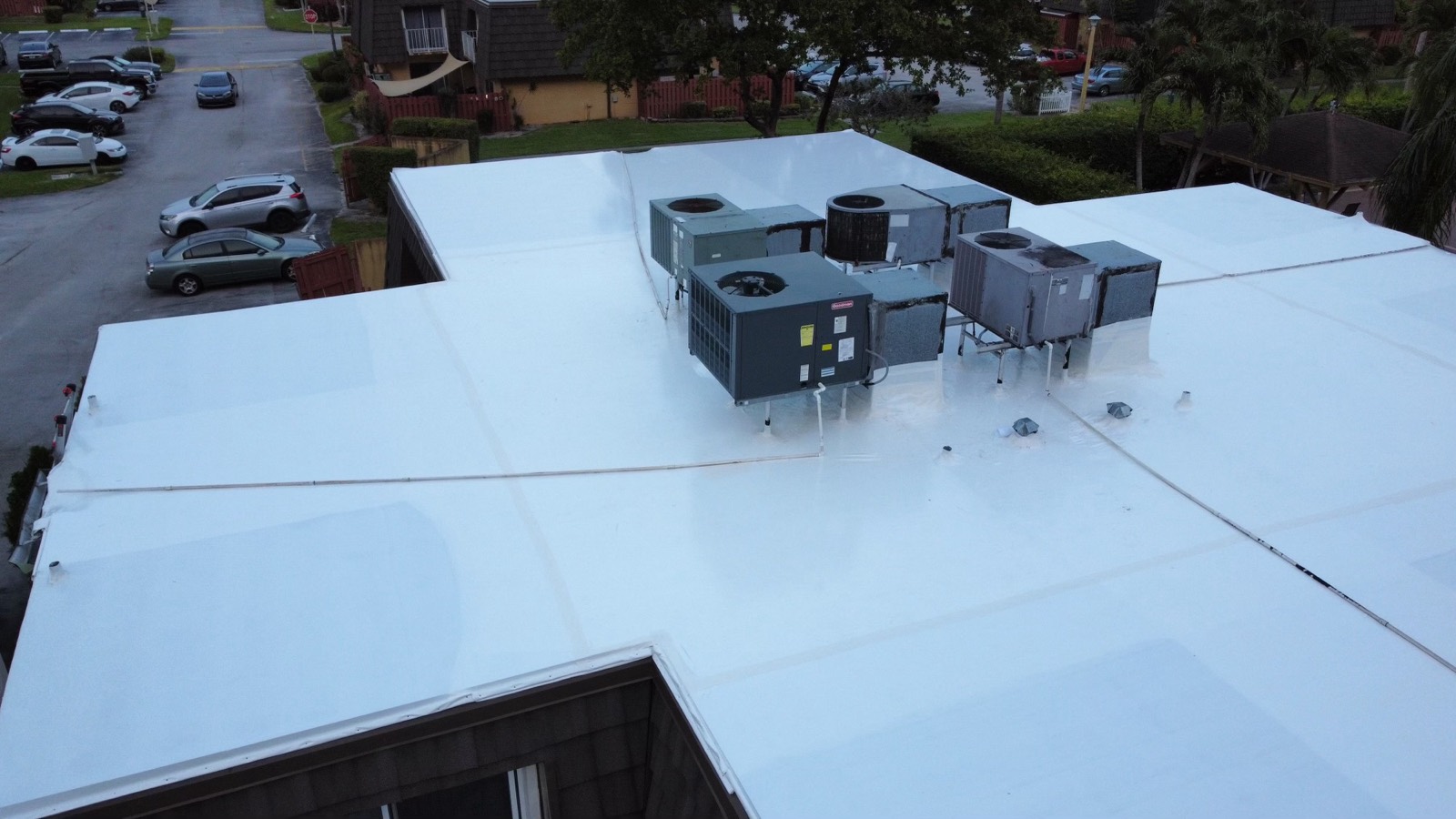 Commercial rooftop sealed under Elastowrap with the HVAC units left intact