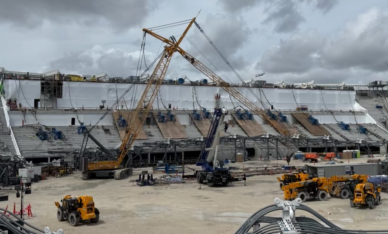 White membrane enclosing the Inter Miami CF Stadium stands during construction